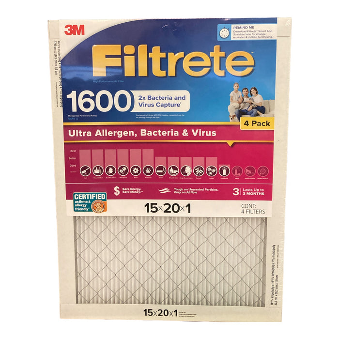 Filtrete Ultra Allergen 2X Filter 15x20x1 1600MPR 4 Pack