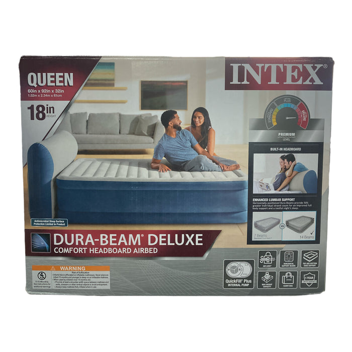 Intex Dura-Beam Deluxe Comfort Headboard Airbed, Queen, Blue, 60inx92inx32in