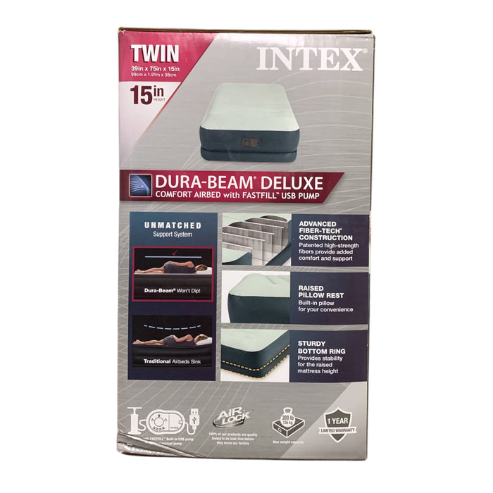 Intex Dura-Beam Comfort Airbed with Fastfill USB Pump, 15" Height, Twin