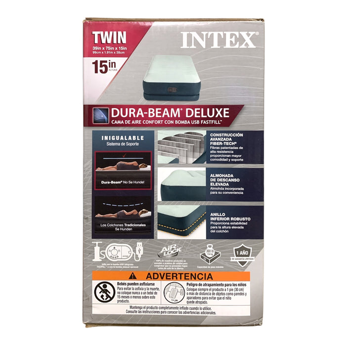 Intex Dura-Beam Comfort Airbed with Fastfill USB Pump, 15" Height, Twin