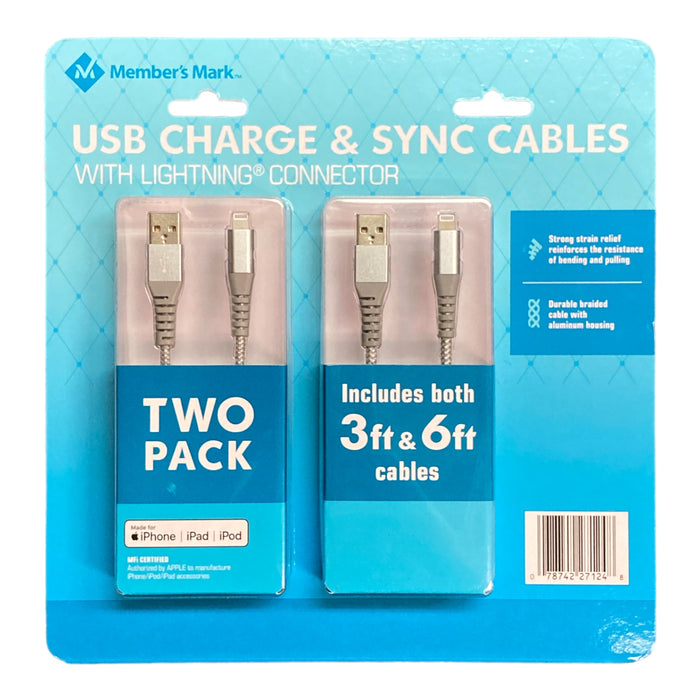 Member's Mark Apple USB Type A to 8 Pin 3ft and 6ft Cables - 2 Pack