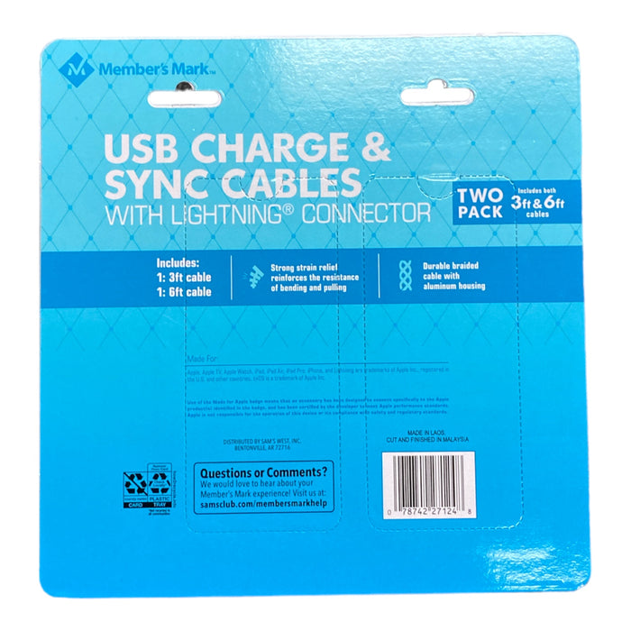 Member's Mark Apple USB Type A to 8 Pin 3ft and 6ft Cables - 2 Pack
