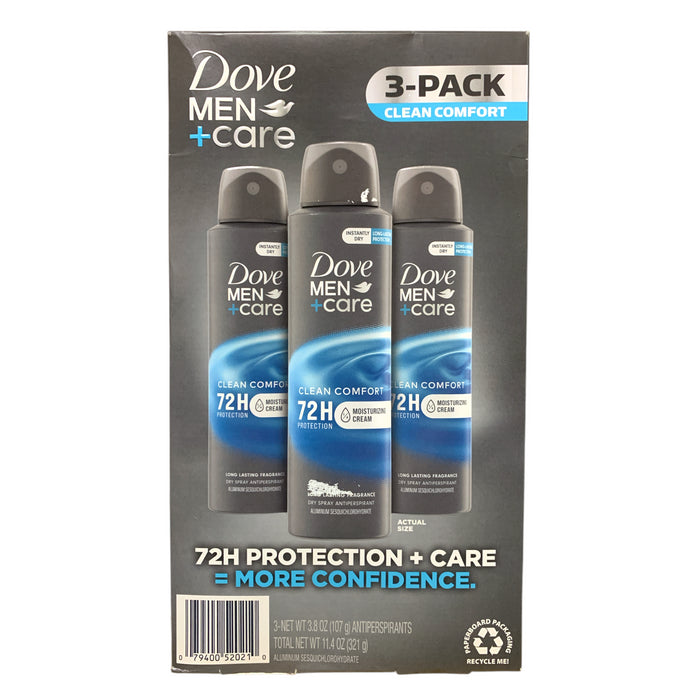 Dove Men+Care Clean Comfort Long-Lasting Dry Spray Antiperspirant, 3.8oz. 3pk.