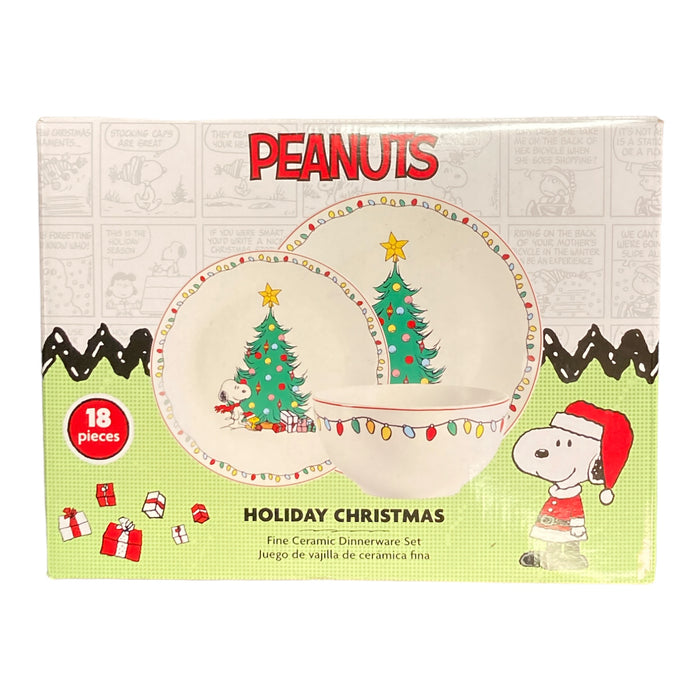 Peanuts Holiday Christmas 18-Piece White Fine Ceramic Dinnerware Set