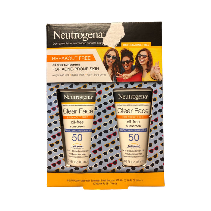 Neutrogena Face Sunscreen Broad Spectrum SPF 50 Clear Face Lotion, 2 x 3 fl. oz