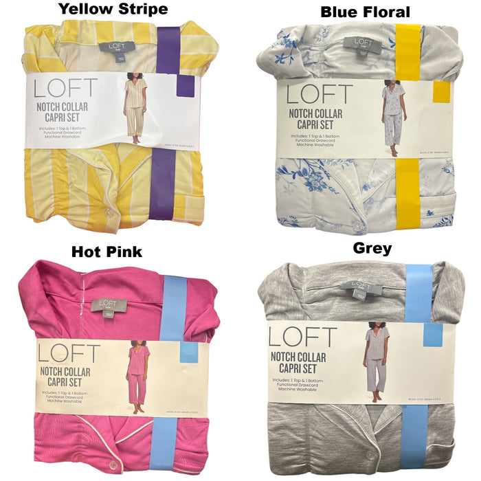 Loft Women's Notch Collar Short Sleeve and Drawcord Sleep Capri Pant Set
