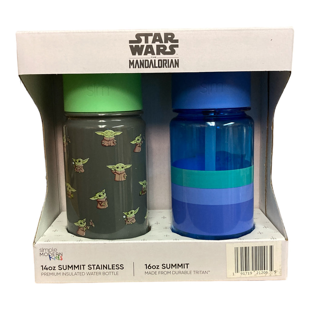 Simple Modern Kids Disney Water Bottle 2-Pack Set, 16-oz. Break Resistant Plastic & 14-oz. Stainless Steel with Straw Lid (Mandalorian)