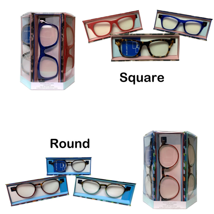 OPTIQUE Trifecta Reading Glasses Set, 2 Readers, 1 Blue Light Reader & Cases