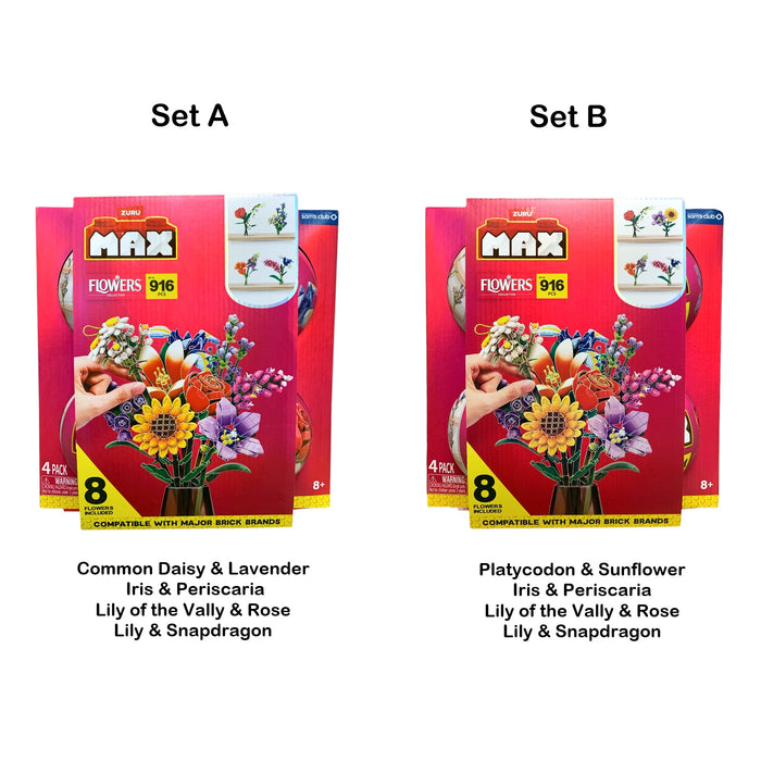 Zuru Max Flowers Collection Brick Building Kits, Assorted 4 Pack, 916 Pieces