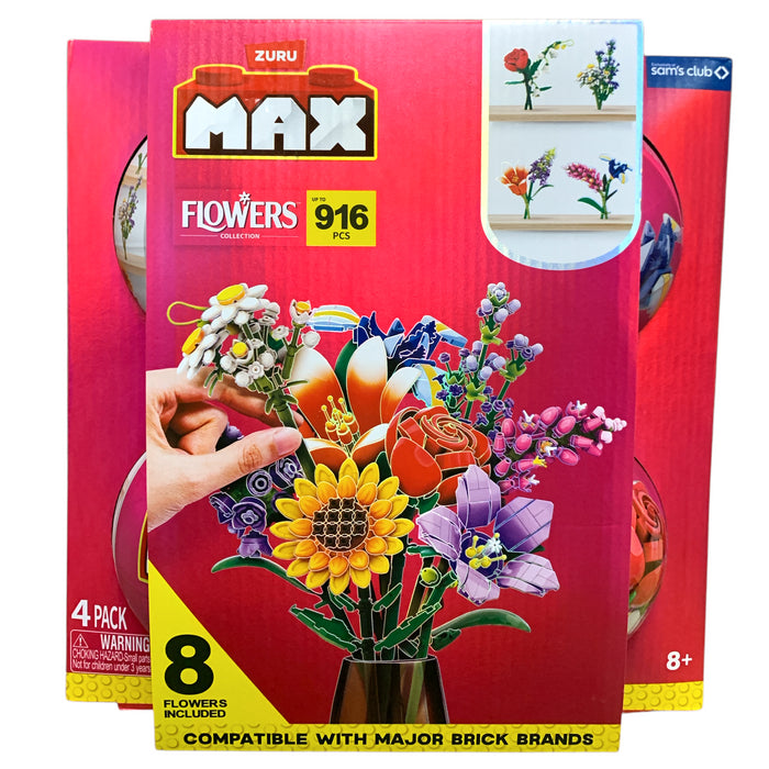 Zuru Max Flowers Collection Brick Building Kits, Assorted 4 Pack, 916 Pieces