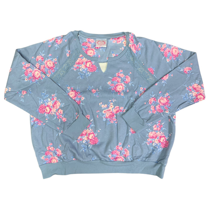 Treasures By Shabby Chic Stylish Fleece V-Neck Sweatshirt (Denim Floral, XXL)