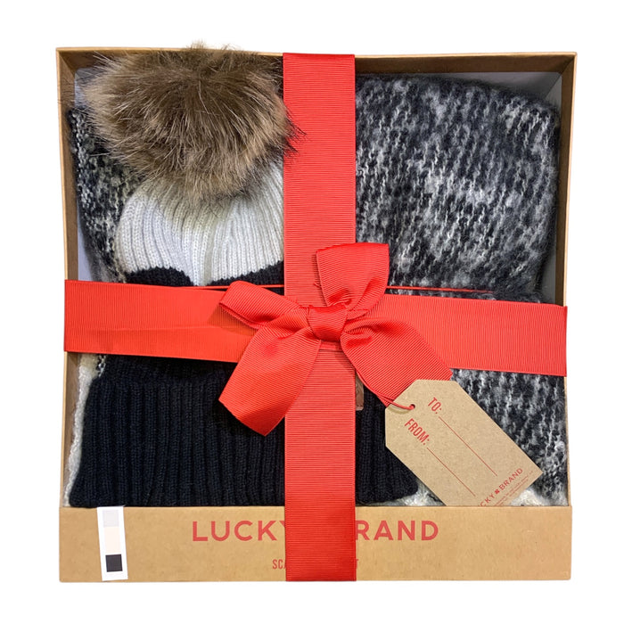 Lucky Brand Women's Soft Knit Scarf and Faux Fur Pom Hat Gift Set