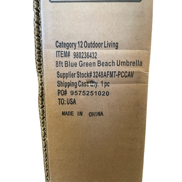 Member's Mark 8' Outdoor Beach Sun Shade Umbrella +Carry Bag, Blue Green Stripes