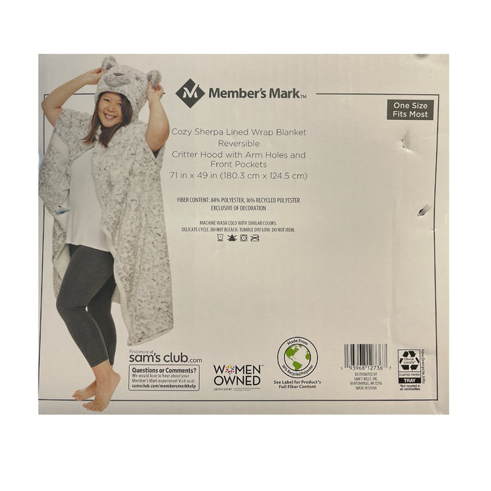 Critter Wrap Cozy Sherpa Hooded Wrap Blanket, Reversible, Arm Holes, Pockets