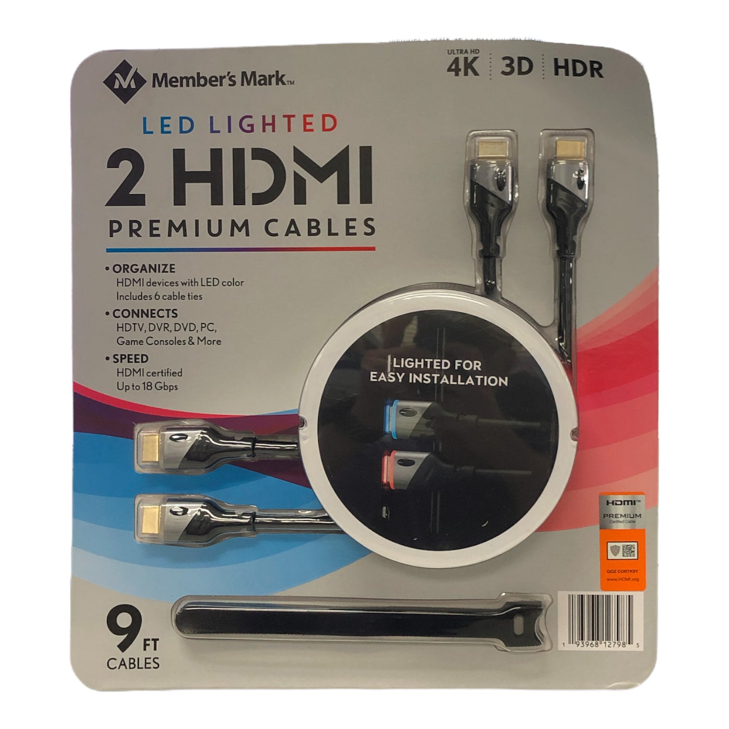 Member's Mark 9FT LED Lighted HDMI Premium Cables, 2 Pack