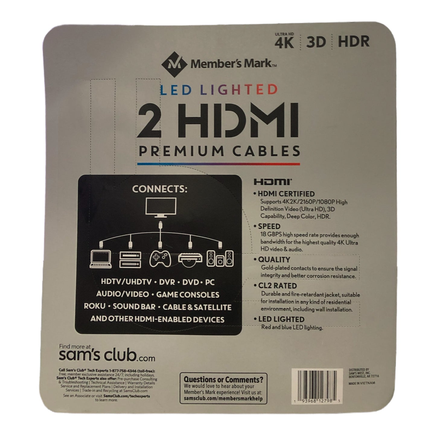 Member's Mark 9FT LED Lighted HDMI Premium Cables, 2 Pack