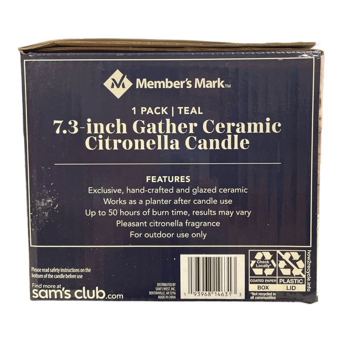 Member's Mark 7.3" Gather Ceramic Citronella Outdoor 3 Wick Candle, Teal