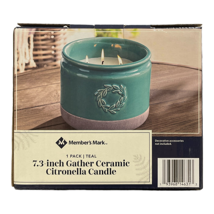 Member's Mark 7.3" Gather Ceramic Citronella Outdoor 3 Wick Candle, Teal