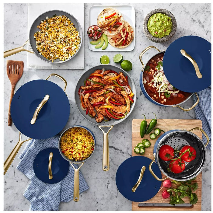Member's Mark 11-Piece Modern Ceramic Non Stick Cookware Set, Navy and Gold