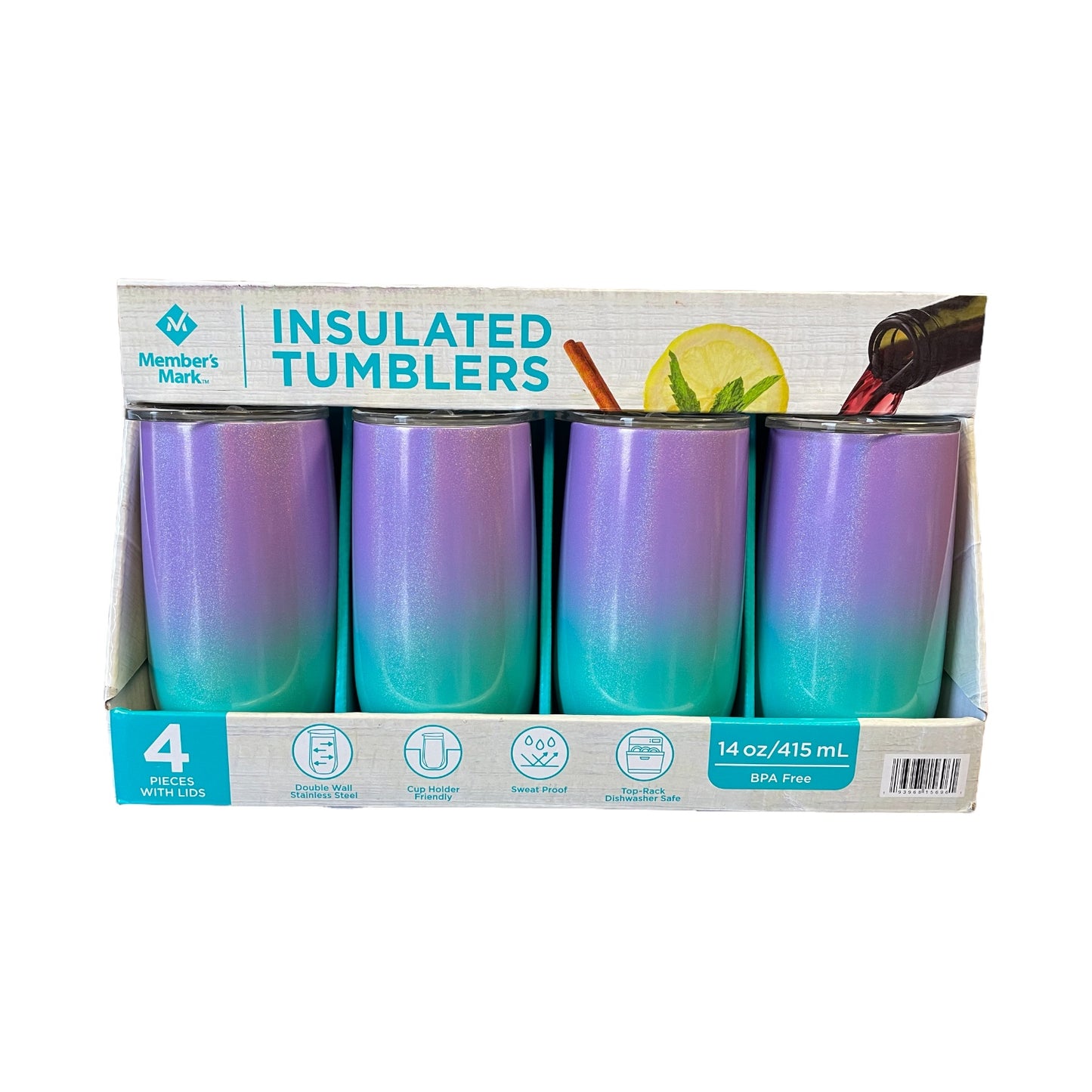 Member's Mark Insulated Tumblers with Lid, 14oz, Purple Blue Ombre (4 Pack)