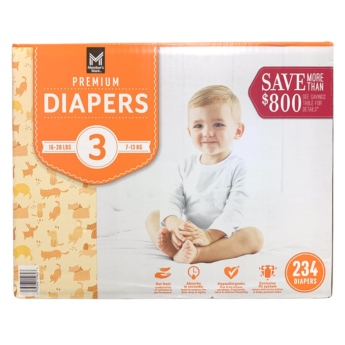 Member's Mark Premium Diapers, Hypoallergenic, Size 3 (16-28lbs.), 234 Count.