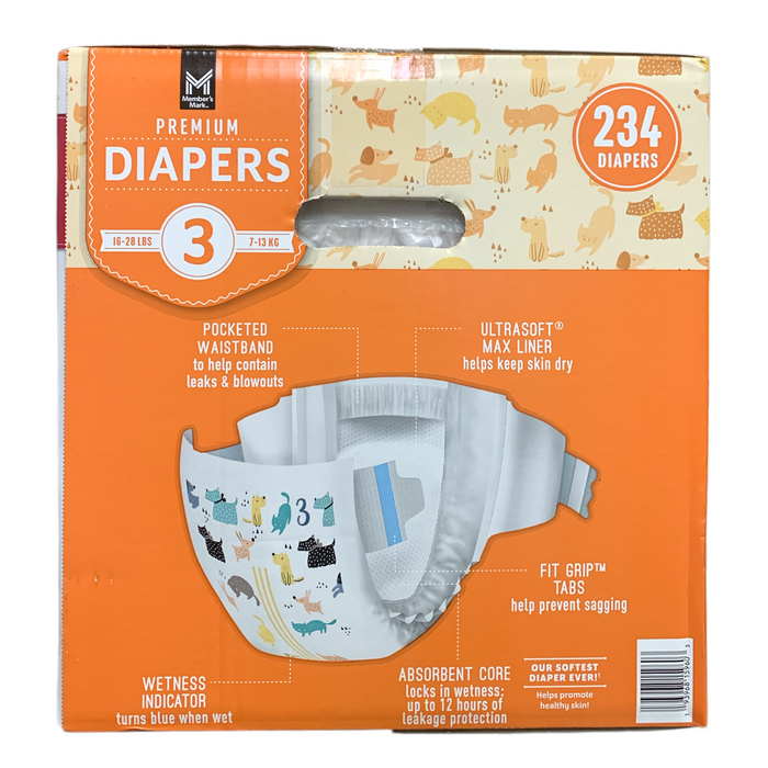Member's Mark Premium Diapers, Hypoallergenic, Size 3 (16-28lbs.), 234 Count.