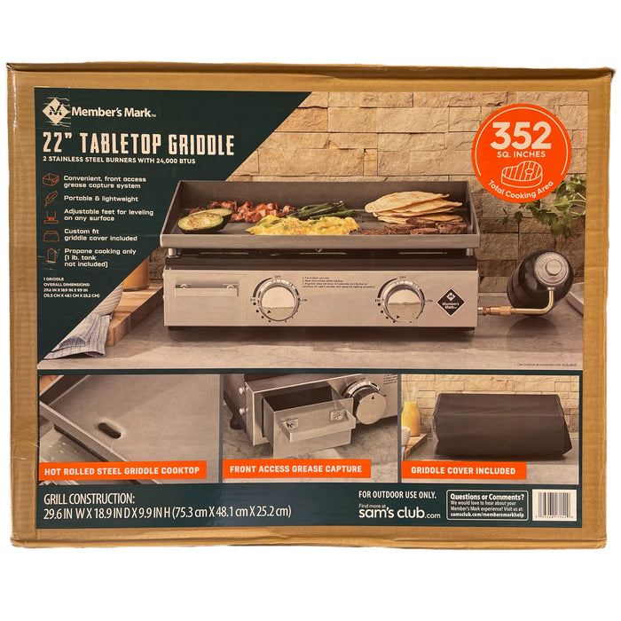 Member's Mark 22" Tabletop Griddle, 2 Stainless Steel Burners w/ 24,000 BTUS