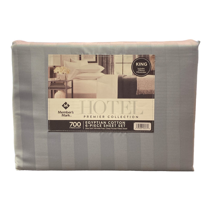 Hotel Premier 700 Thread Ct. Egyptian Cotton Striped Sheet Set, King, Blue Crest