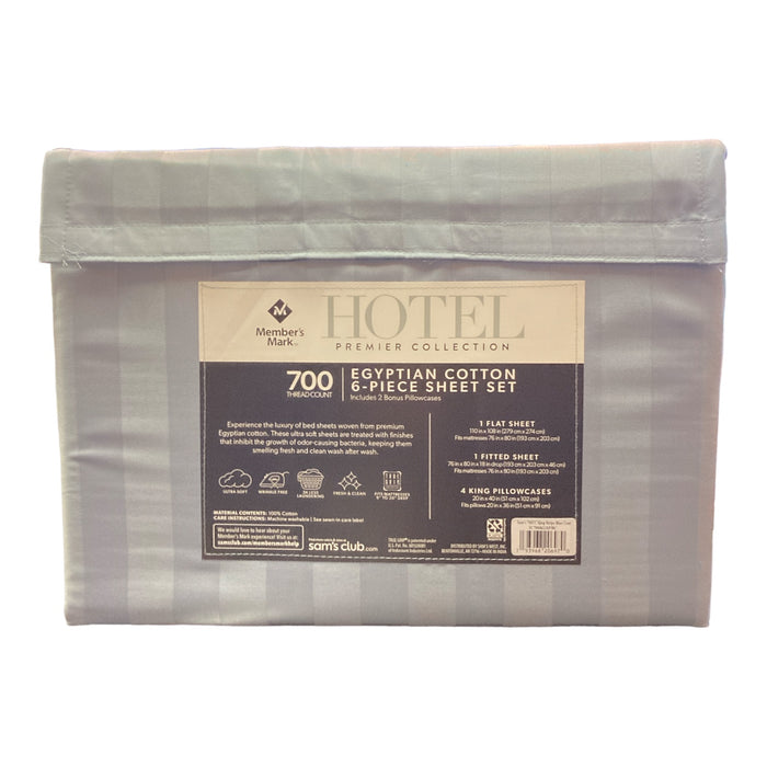 Hotel Premier 700 Thread Ct. Egyptian Cotton Striped Sheet Set, King, Blue Crest