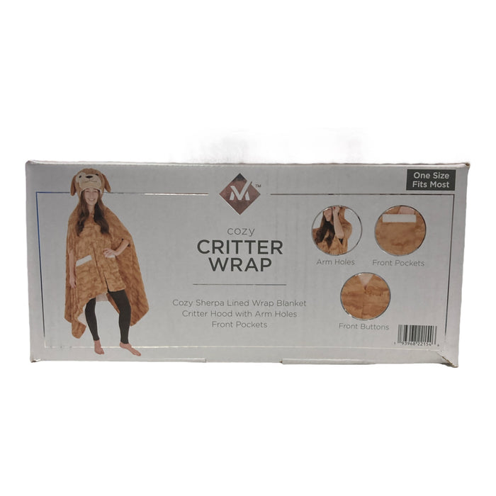 Critter Wrap Cozy Sherpa Hooded Wrap Blanket, Reversible, Arm Holes, Pockets