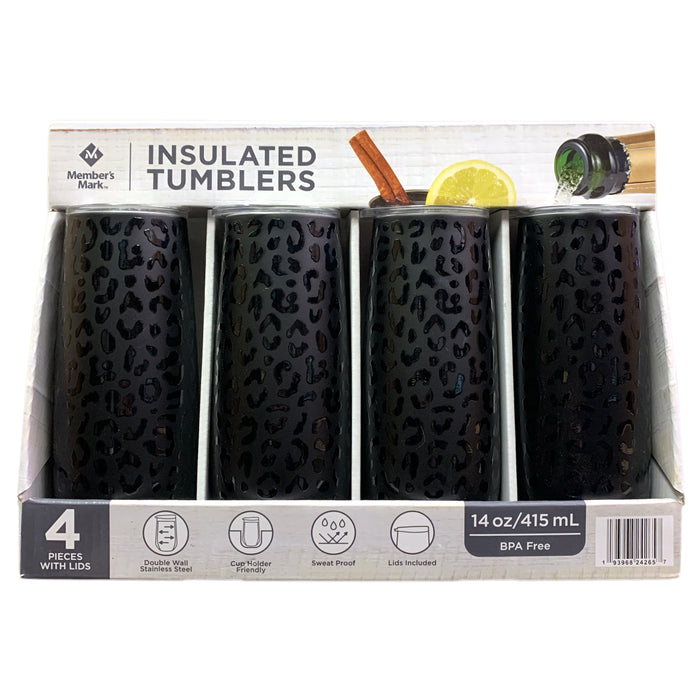 Member's Mark 14oz. 4-Pack Stainless Steel Insulated Tumblers, Black Leopard
