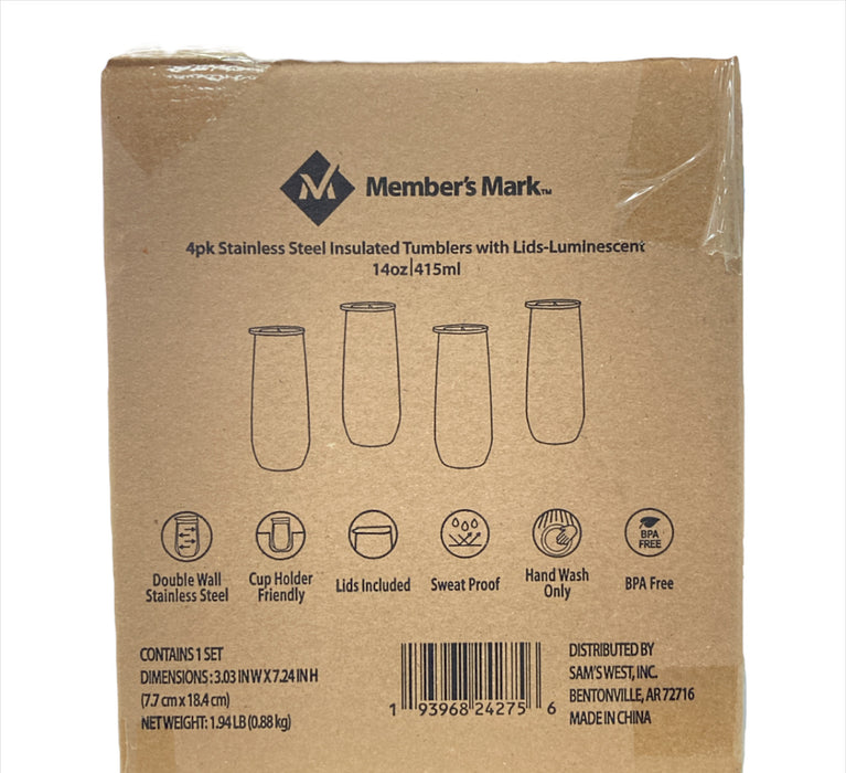 Member's Mark 14oz Stainless Steel Insulated Flute Tumblers, 4 Pack, Luminescent