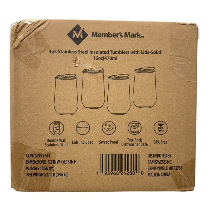 Member's Mark 16oz. 4-pack Stainless Steel Insulated Tumblers with LIds, Solids