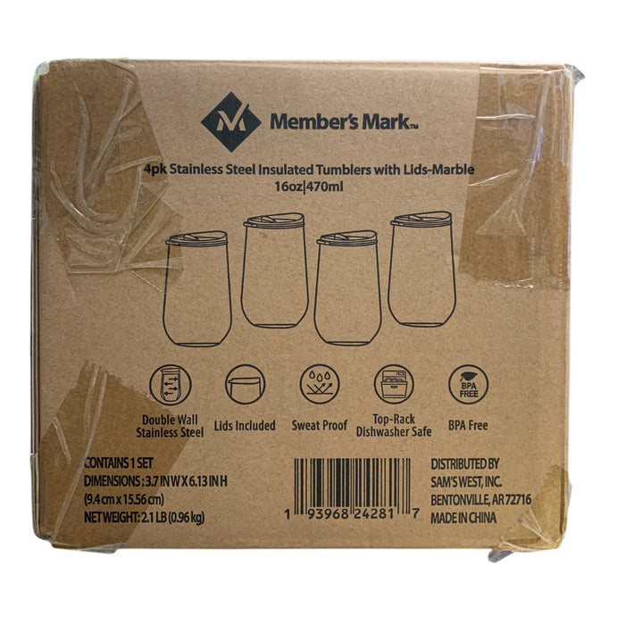 Member's Mark 16oz. 4-pack Stainless Steel Insulated Tumblers with LIds, Marble