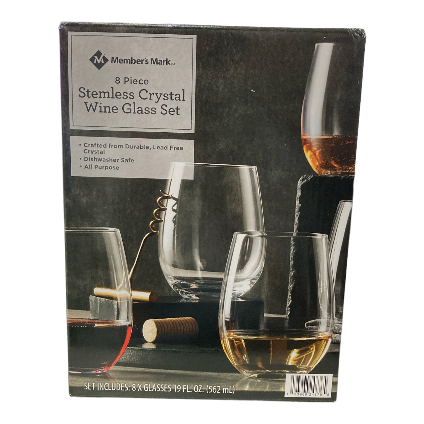 Members Mark 8-Piece Stemless Crystal Wine Glass Set, 19oz Each, Dishwasher Safe