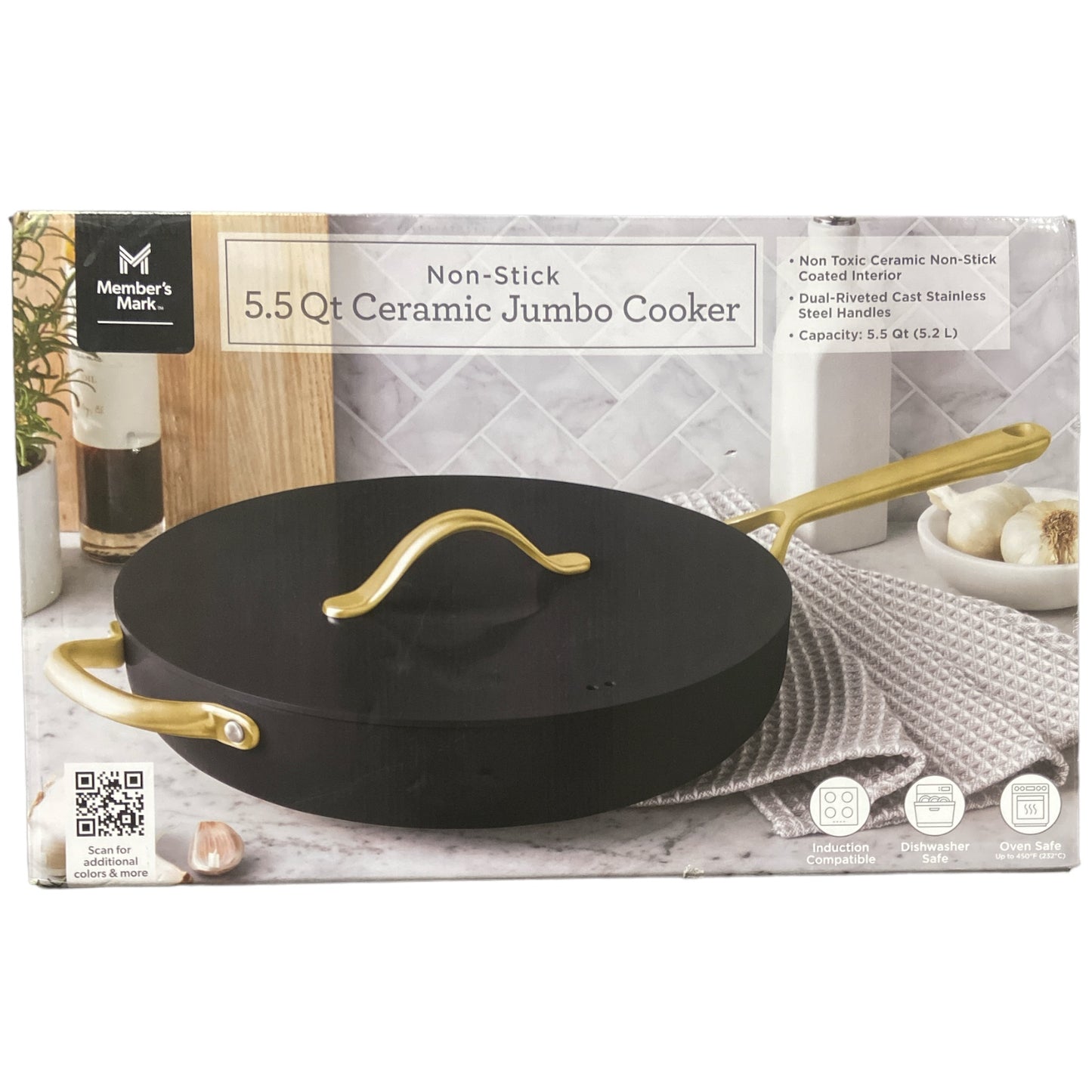Member's Mark 5.5-Quart Non-Stick Ceramic Jumbo Cooker, Black, with Gold Handles