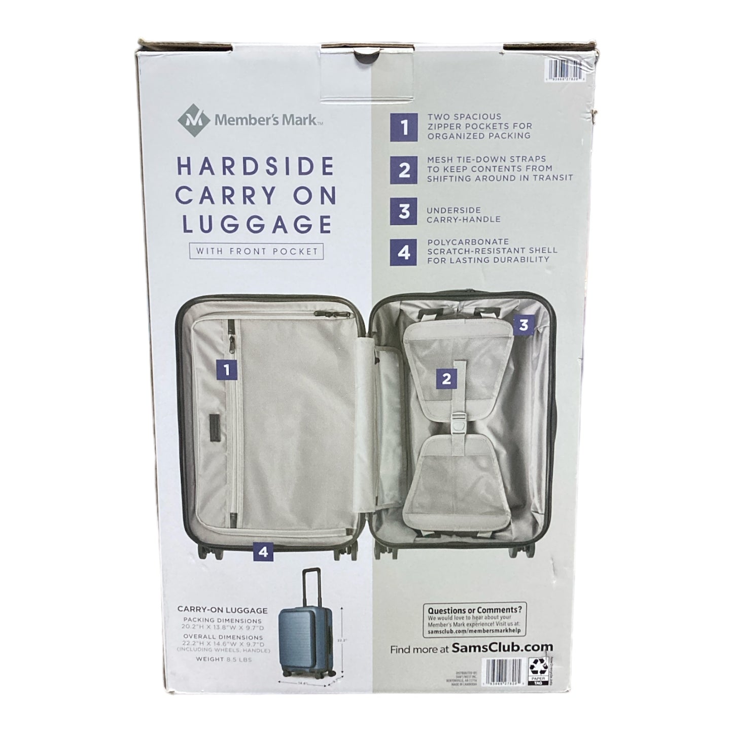 Member's Mark Hardside Carry-on Pro Spinner Suitcase With USB (Blue)