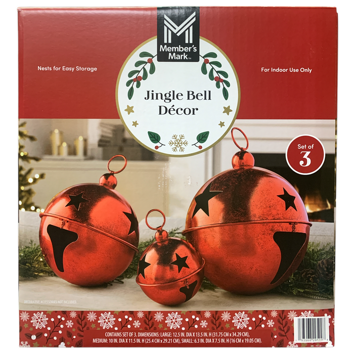 Member's Mark Holiday Jingle Bell Decorations, Antiqued Finish, Set of 3, Red