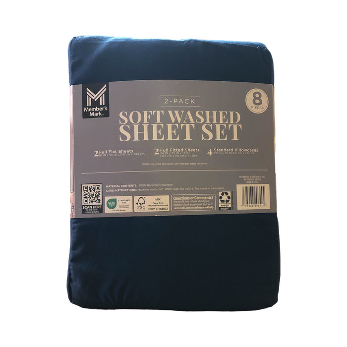 Member's Mark 8-Piece Soft Washed Sheet 2 Pack (Navy, White/Blue Plaid, Full)