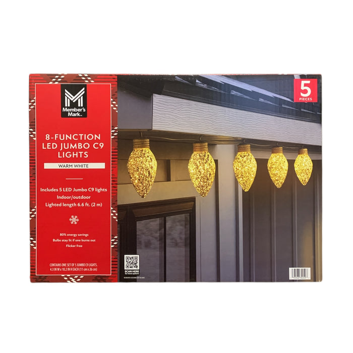 Member's Mark 8-Function LED Jumbo C9 Lights, String of 5, Warm White