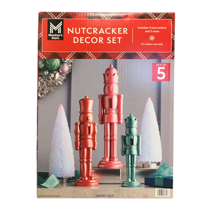 Member's Mark Nutcracker Decor Set, Set of 5, 3 Nutcrackers and 2 Trees