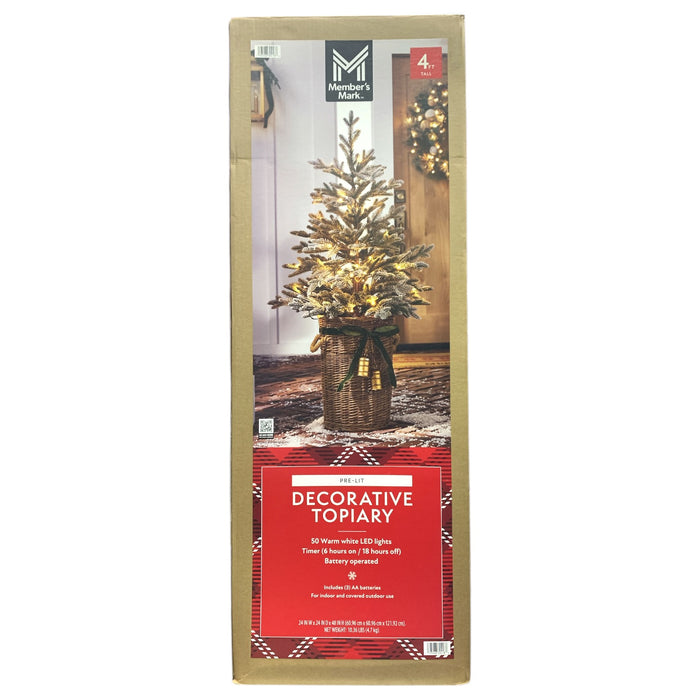 Member's Mark 48-Inch Pre-Lilt Decorated Topiary, Flocked in Woven Basket