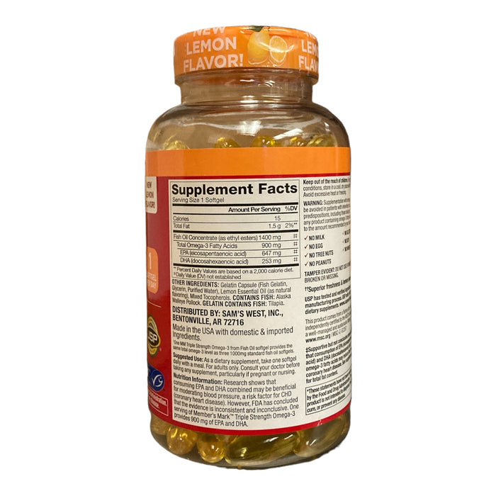 Member's Mark 900mg Triple Strength Omega-3, 150 Total Softgels New Lemon Flavor