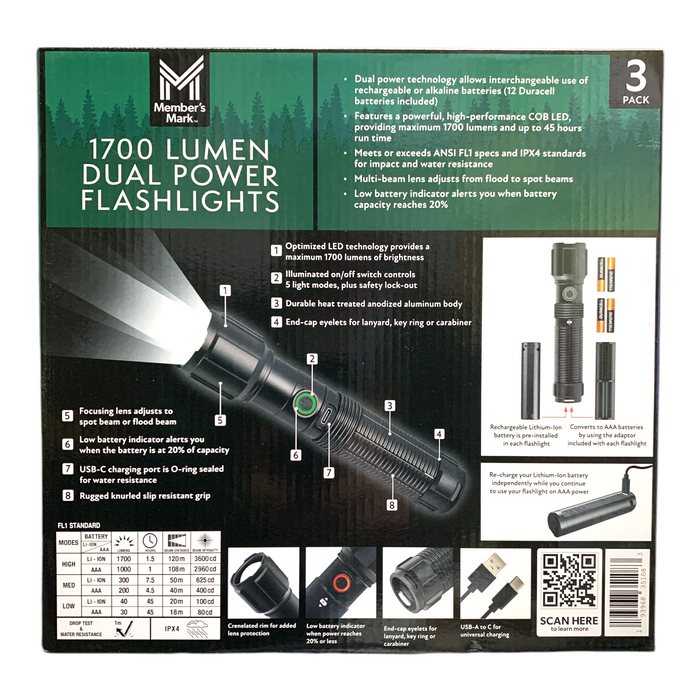 Member's Mark 1700 Lumen Dual-Powered, Impact-Resistant Flashlight 3-Pack