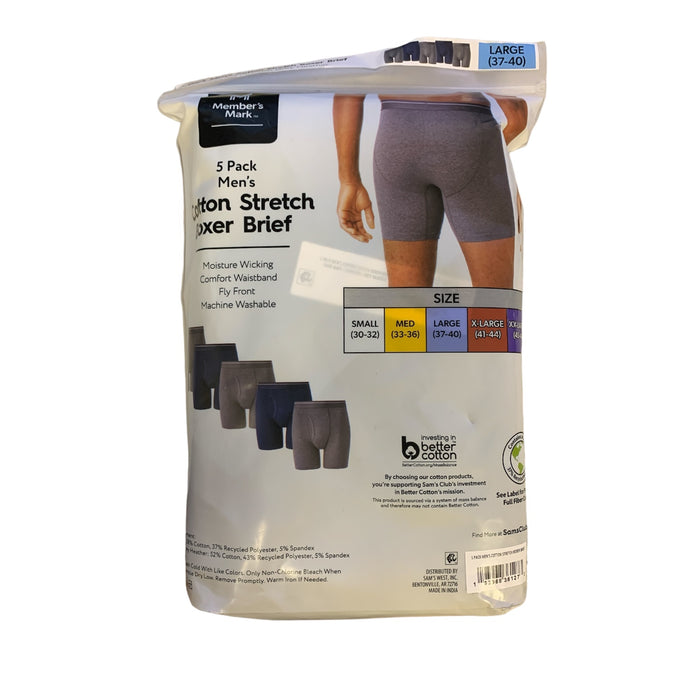 Member's Mark Men's Cotton Stretch Moisture Wicking Fly Front Boxer Brief 5 Pack
