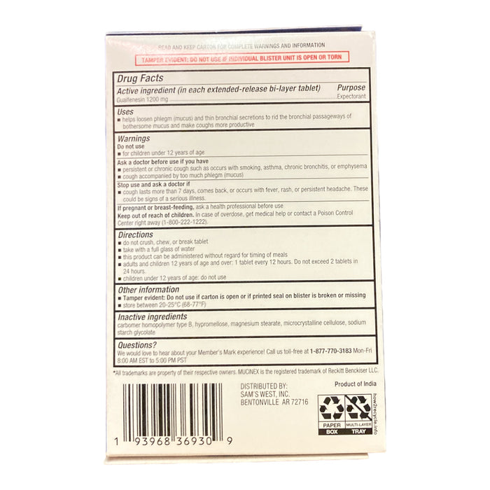 Member's Mark Max Strength Mucus Relief Guaifenesin 1200mg ER Tablets (56 Count)