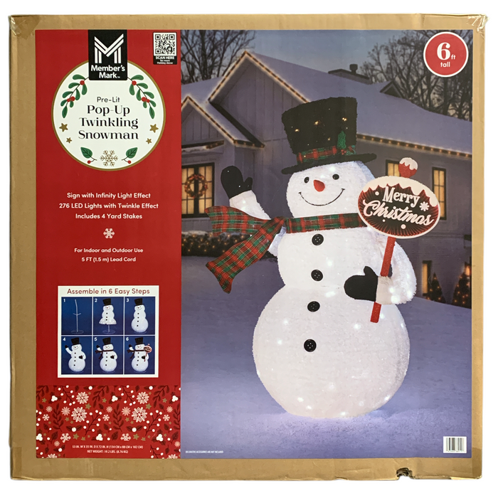 Member's Mark 6ft. Pre-Lit Festive Pop-Up Twinkling Snowman with Christmas Sign