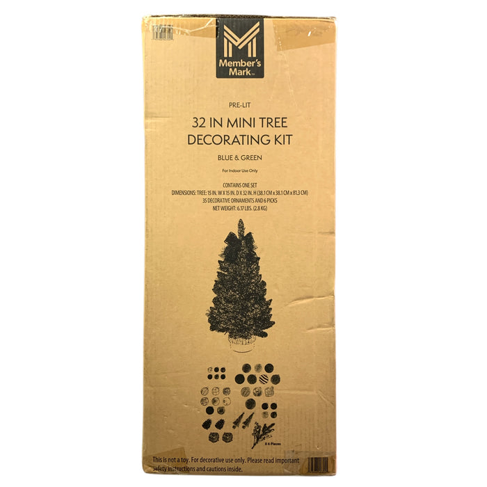 Member's Mark Pre-Lit 32 Inch 42-Piece Mini-Tree Decorating Kit, Blue & Green
