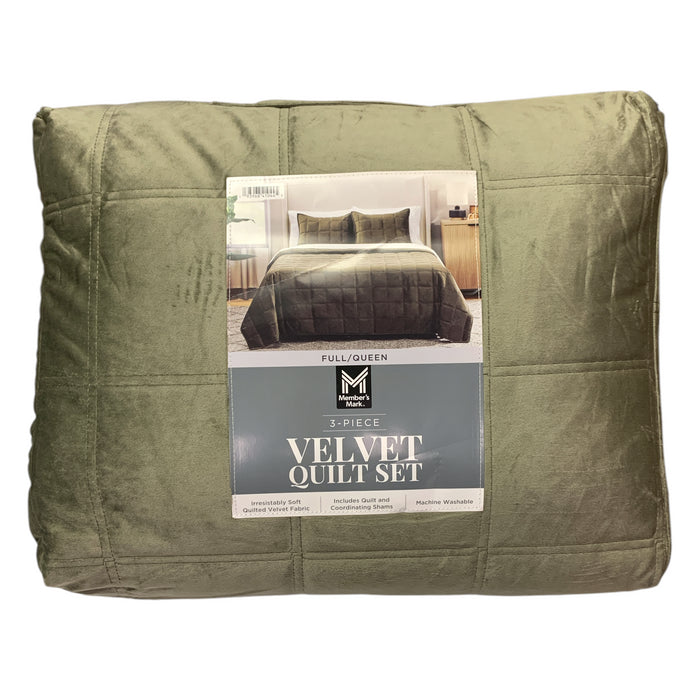 Member's Mark 3 Piece Soft Box Quilted Velvet Bedding Set with Shams, Full/Queen