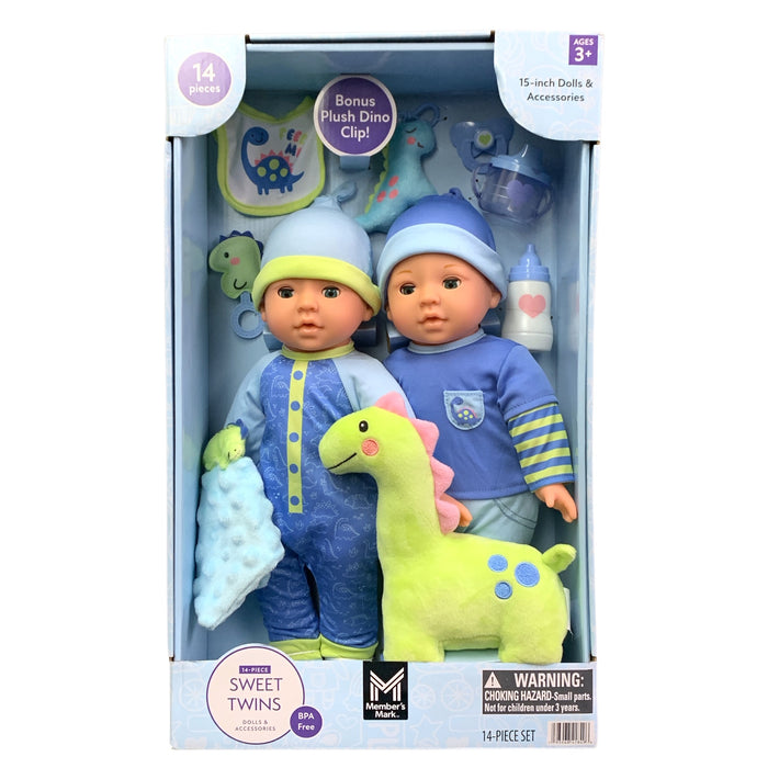 Member's Mark Sweet Twins Dolls & Accessories Playset, 14pc., Snugglesaurus/Boy